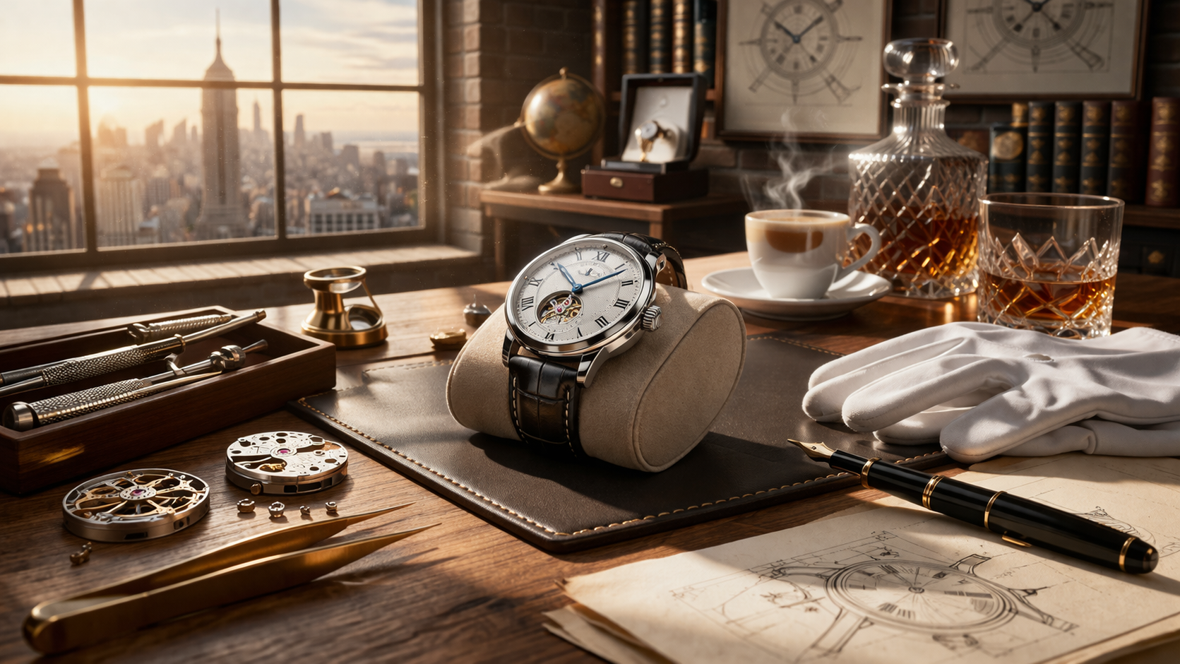 Watchmaking workshop with tools and assembly bench