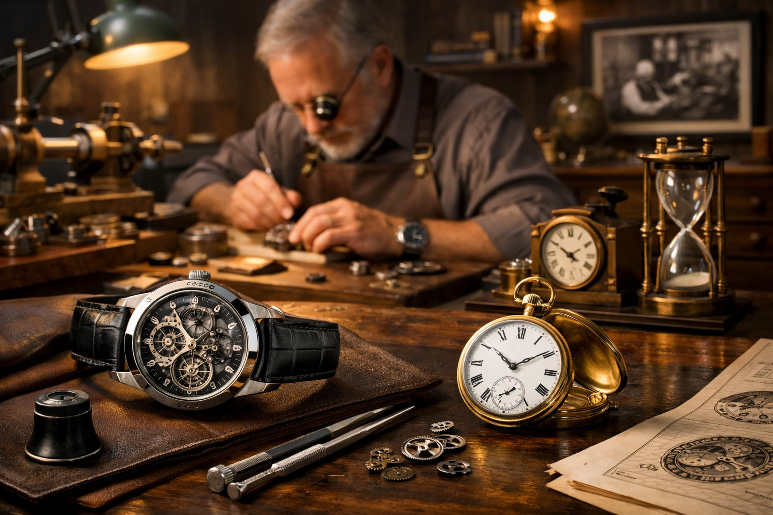 Watchmaking studio scene with refined tools and warm interior lighting