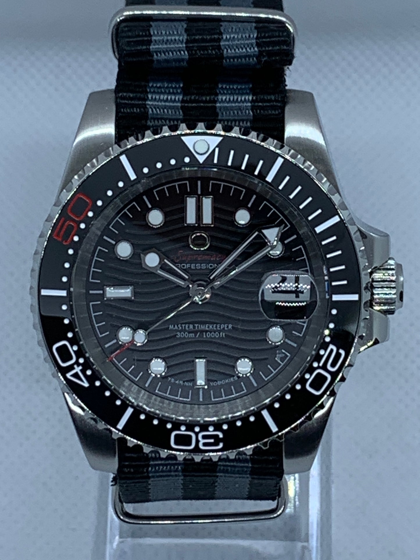 Men's 40MM Submariner Style Watch with Black Wave Dial, Seiko NH35 Automatic Movement, Sapphire Crystal