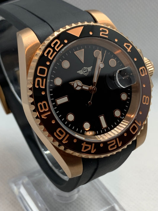 Men's 40MM Watch, Rose Gold Case, Ceramic GMT Rootbeer Bezel Insert, Sapphire Crystal, Rubber Strap w/ Rose Gold Buckle