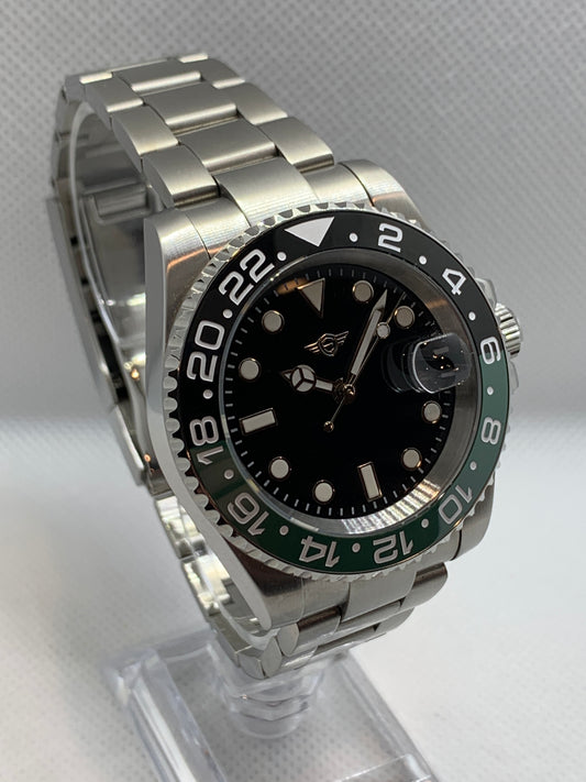 Men's 40MM Watch, GMT style, Black Dial with Green and Black Bezel, Sapphire Crystal, Oyster Bracelet