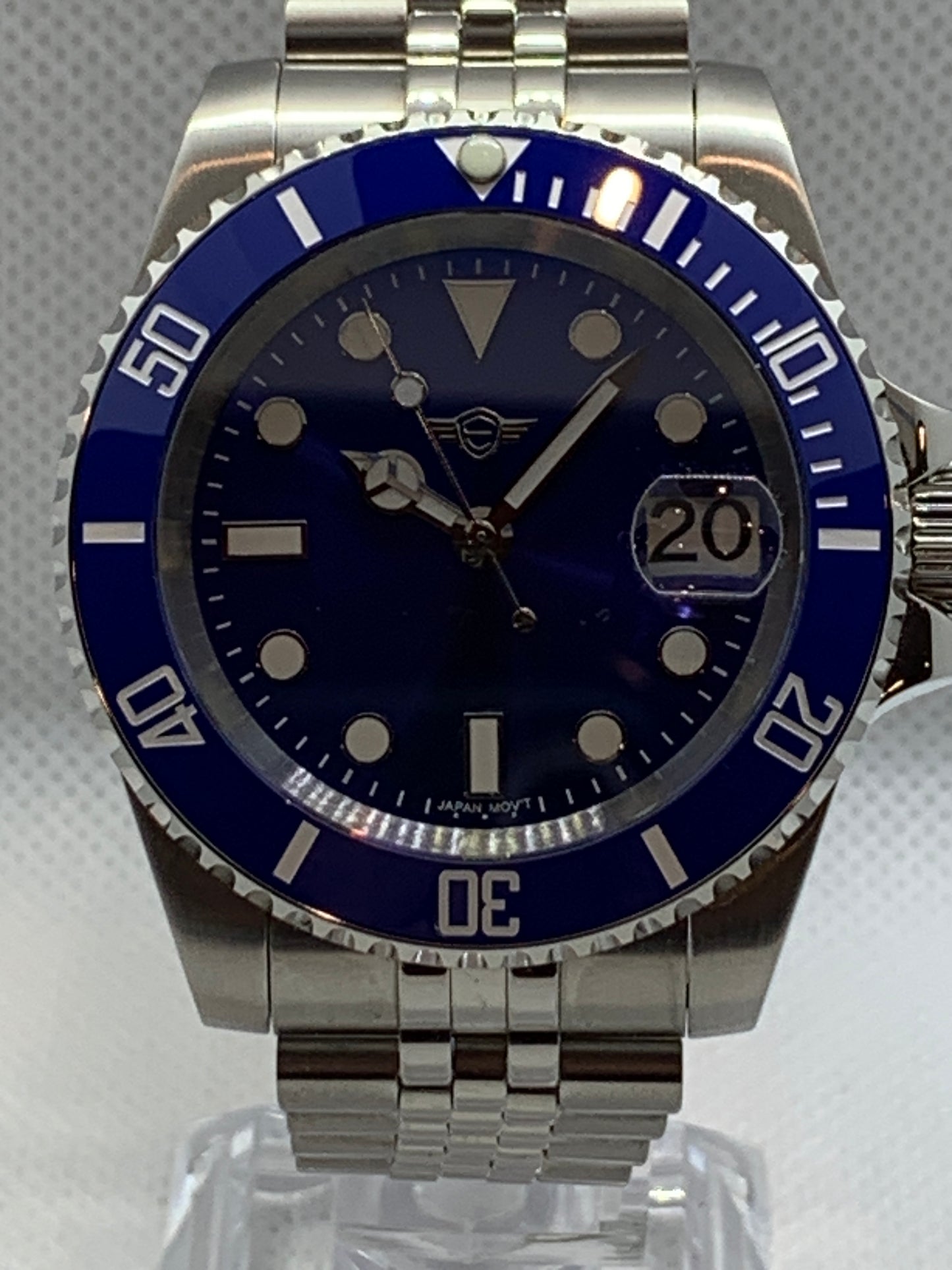 Men's 40MM Watch, Submariner style, Blue Sunburst Dial and Blue Ceramic Bezel, Sapphire Crystal, Jubilee Bracelet