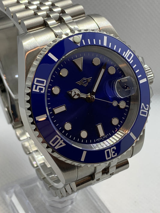 Men's 40MM Watch, Submariner style, Blue Sunburst Dial and Blue Ceramic Bezel, Sapphire Crystal, Jubilee Bracelet