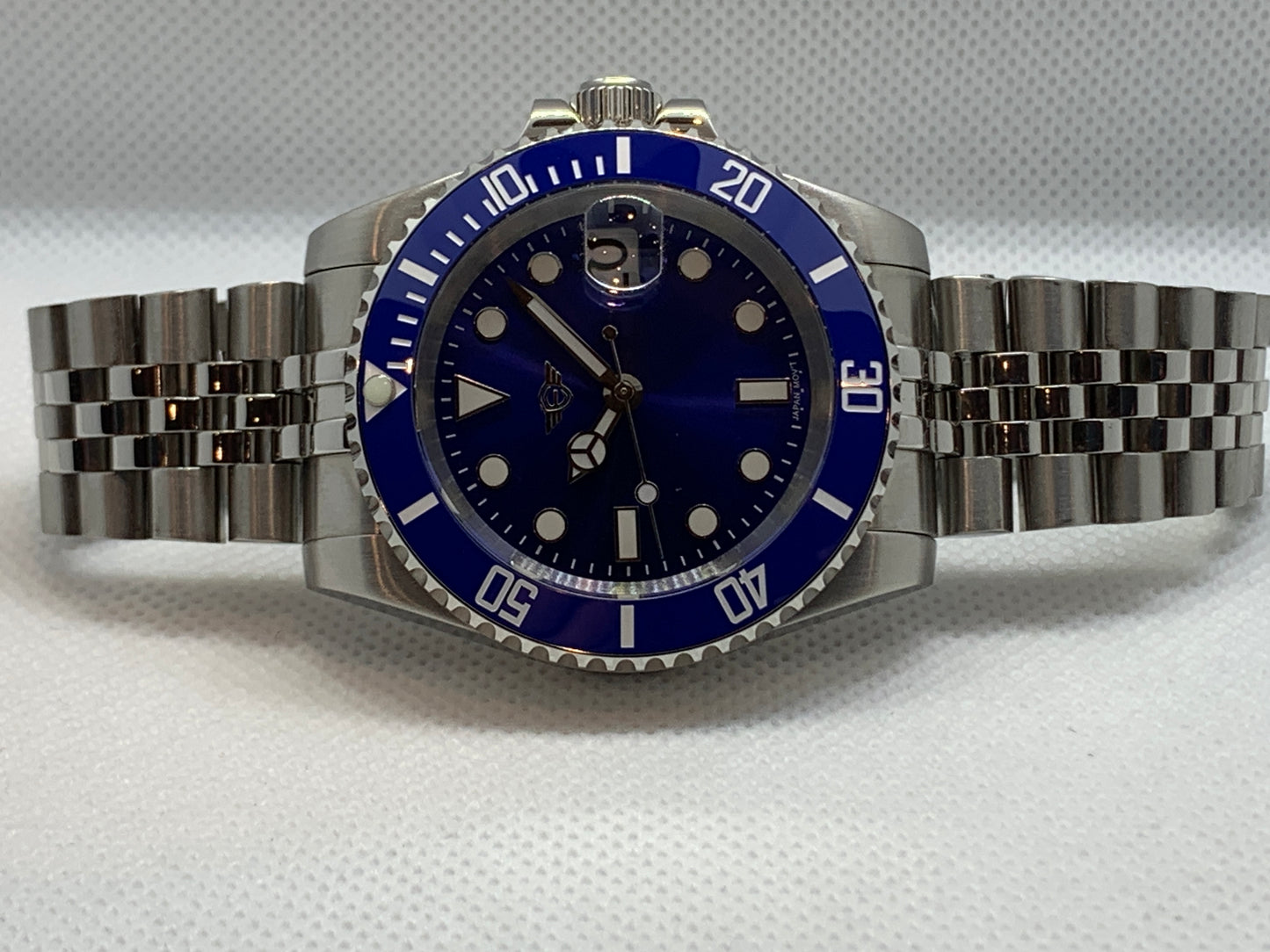 Men's 40MM Watch, Submariner style, Blue Sunburst Dial and Blue Ceramic Bezel, Sapphire Crystal, Jubilee Bracelet