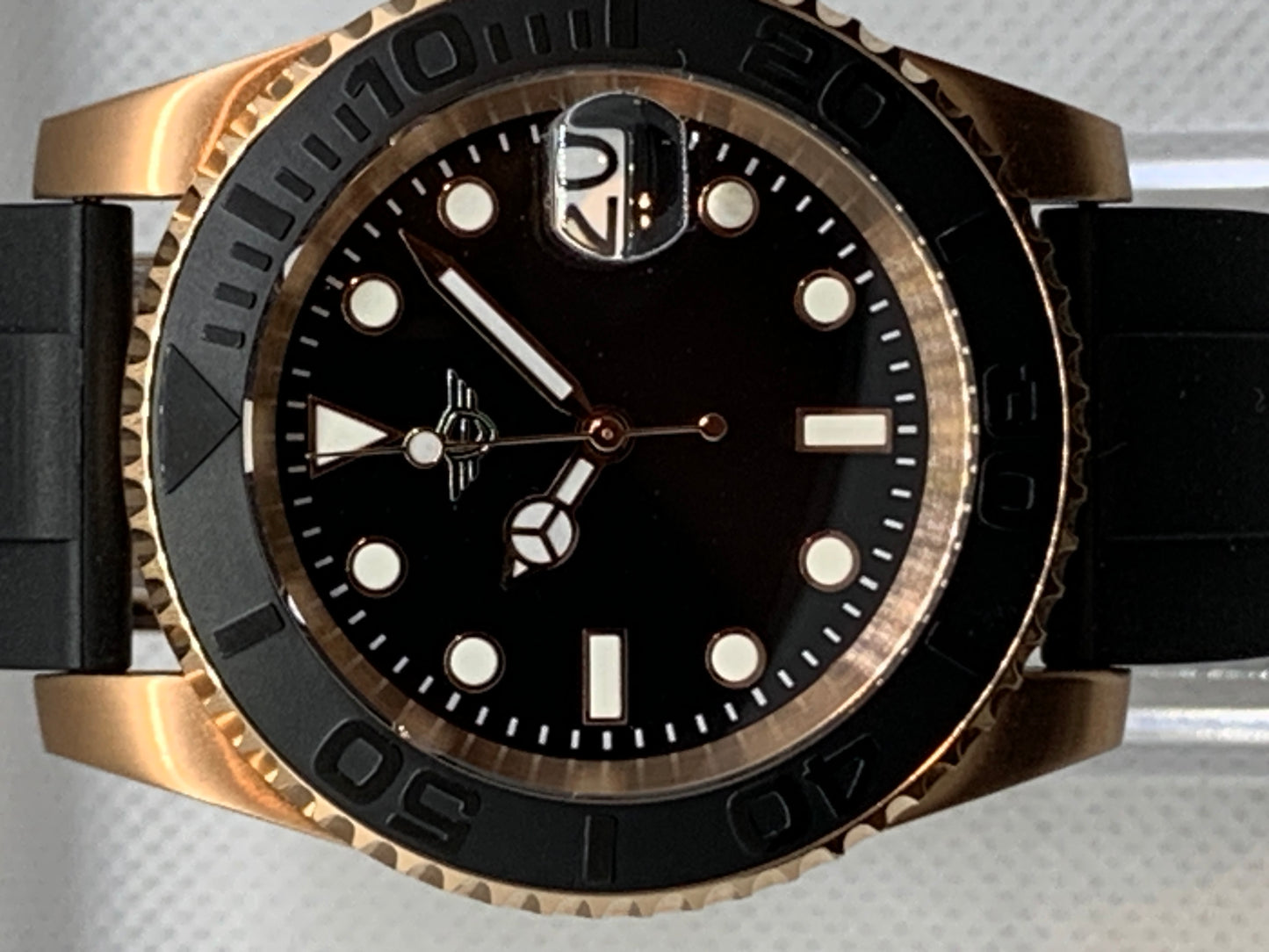 Men's 40MM Watch, Yachtmaster Style, Rose Gold, Sapphire Crystal, Rubber Strap with Rose Gold Clasp