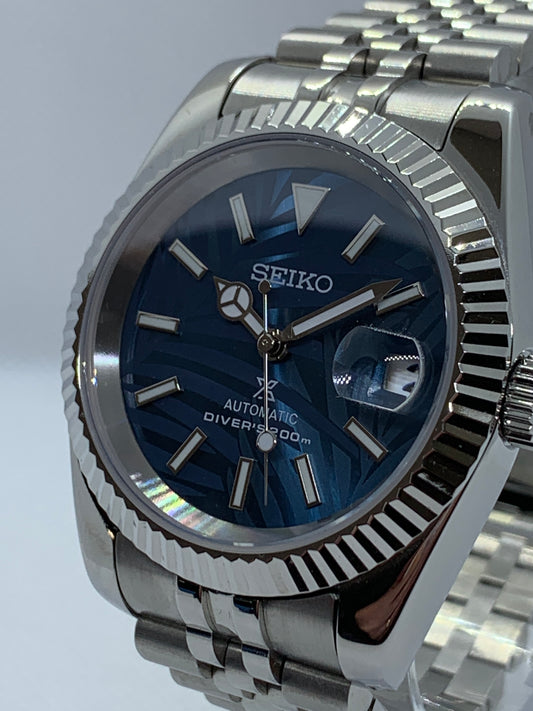 Men's 40MM Seiko Mod Watch, Blue Palm dial with fluted bezel, Sapphire Crystal, Jubilee Bracelet