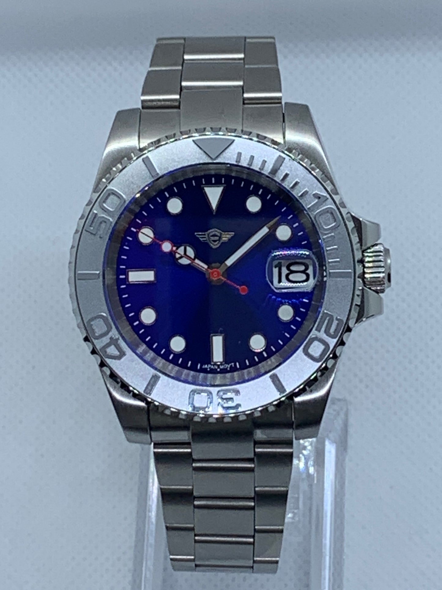 Men's 40MM Custom Watch, Yachtmaster Style, Blue Sunburst Dial, Sapphire Crystal, Oyster Bracelet