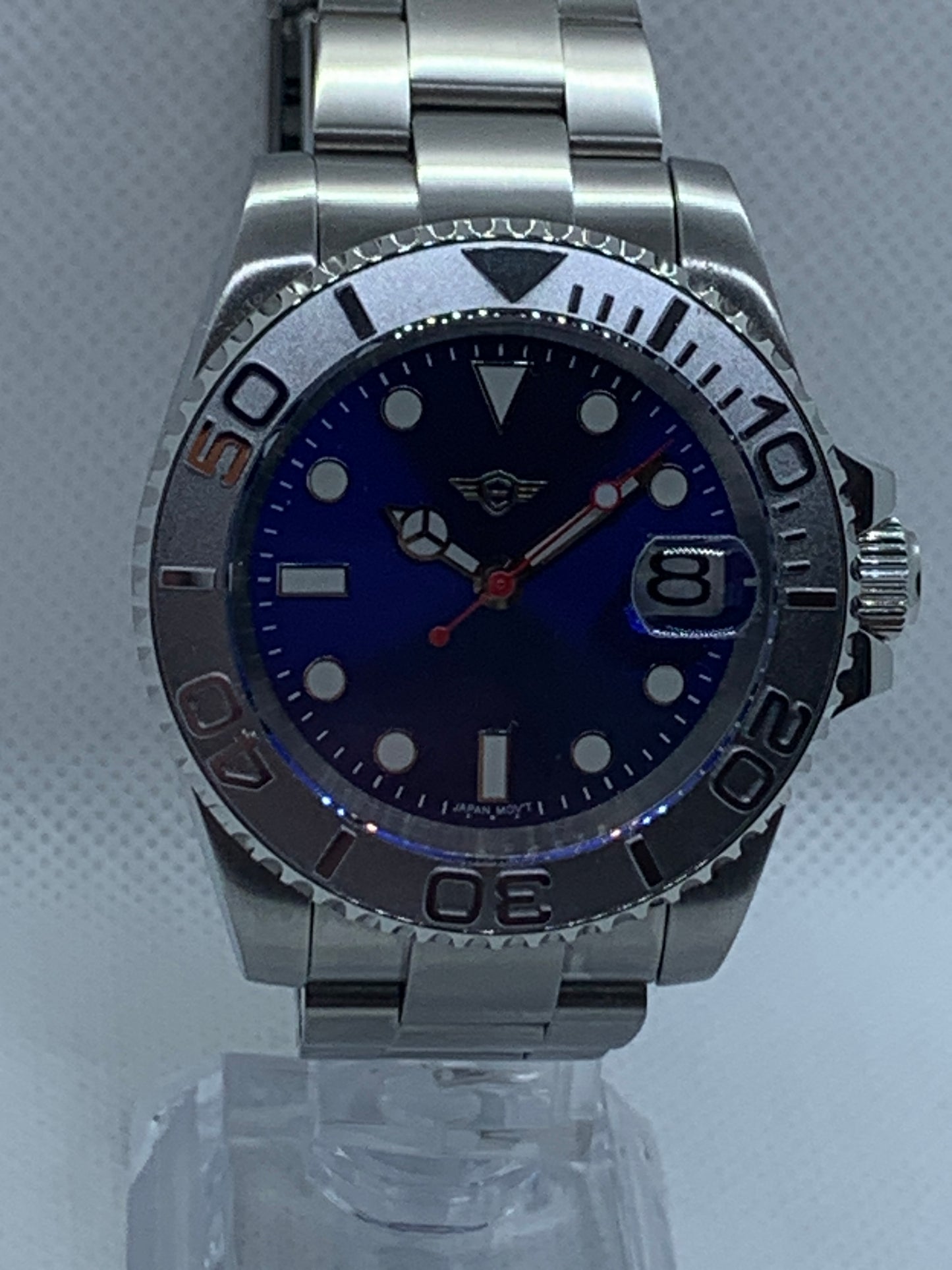 Men's 40MM Custom Watch, Yachtmaster Style, Blue Sunburst Dial, Sapphire Crystal, Oyster Bracelet