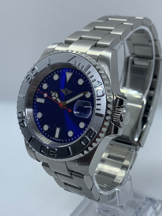 Men's 40MM Custom Watch, Yachtmaster Style, Blue Sunburst Dial, Sapphire Crystal, Oyster Bracelet