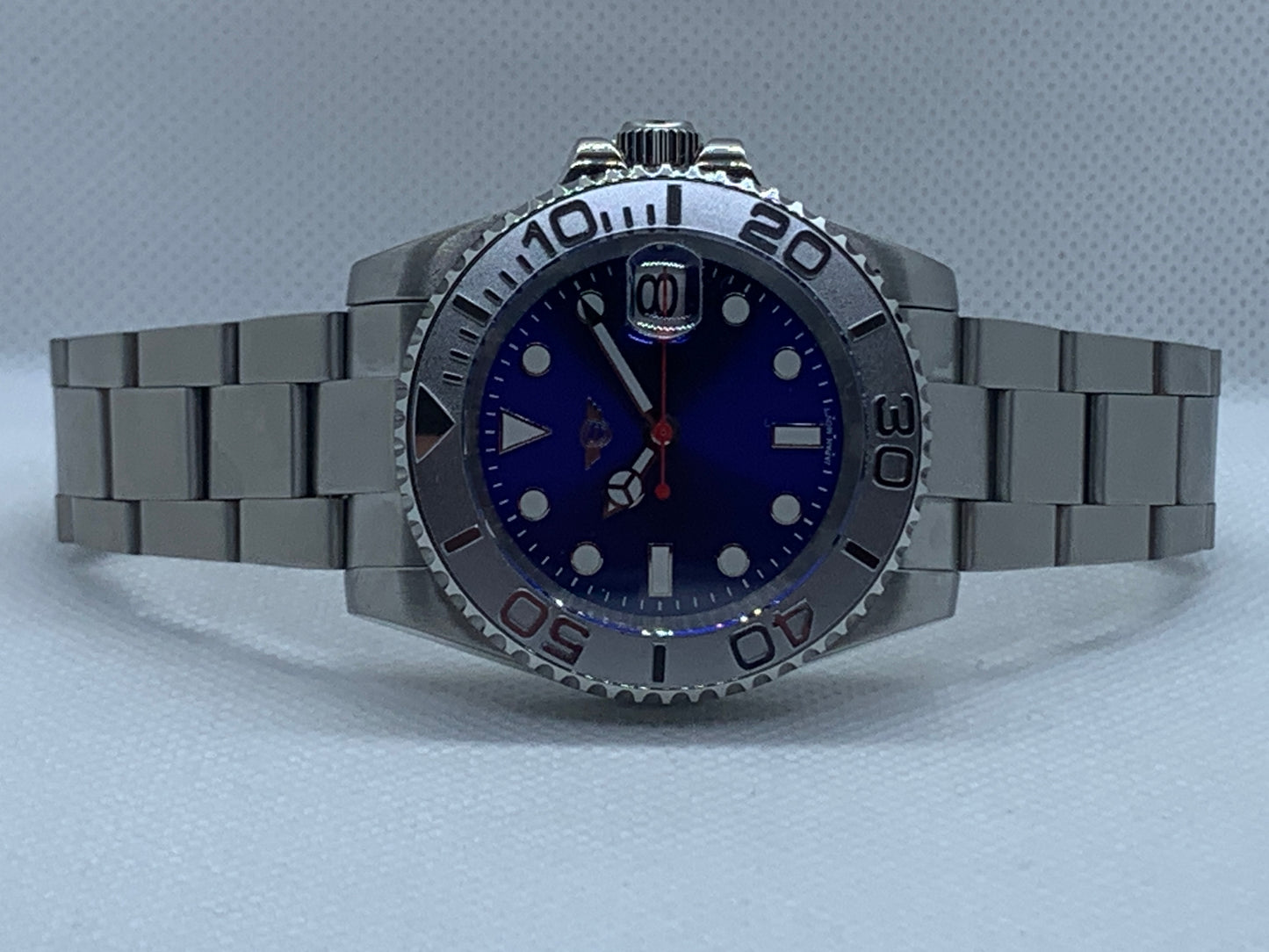 Men's 40MM Custom Watch, Yachtmaster Style, Blue Sunburst Dial, Sapphire Crystal, Oyster Bracelet