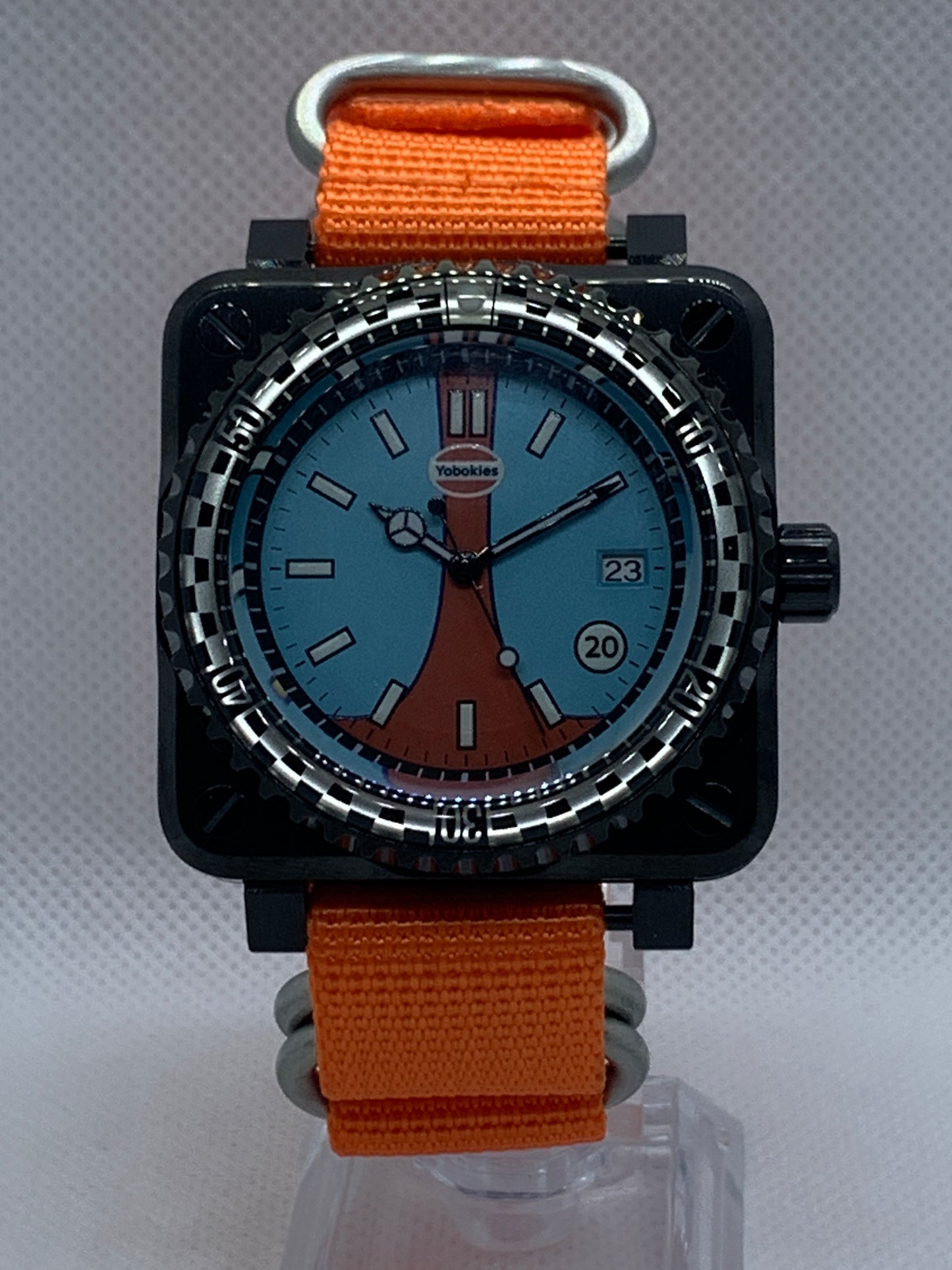 Men's 42MM Black Square Case Watch with Gulf Racing Dial, and Seiko NH35 Automatic movement