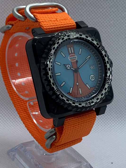 Men's 42MM Black Square Case Watch with Gulf Racing Dial, and Seiko NH35 Automatic movement