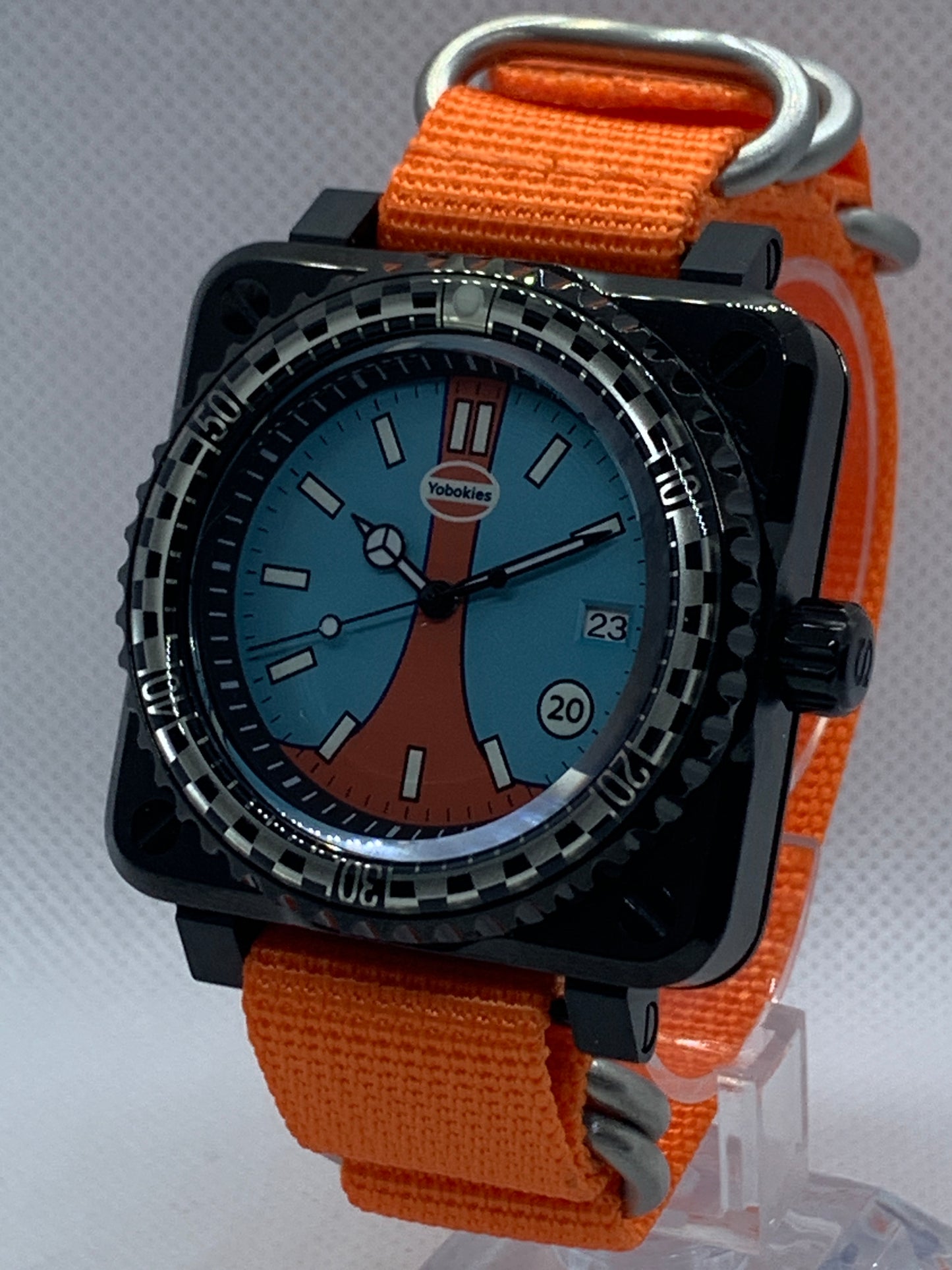 Men's 42MM Black Square Case Watch with Gulf Racing Dial, and Seiko NH35 Automatic movement