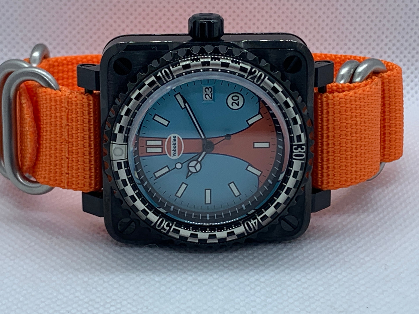 Men's 42MM Black Square Case Watch with Gulf Racing Dial, and Seiko NH35 Automatic movement