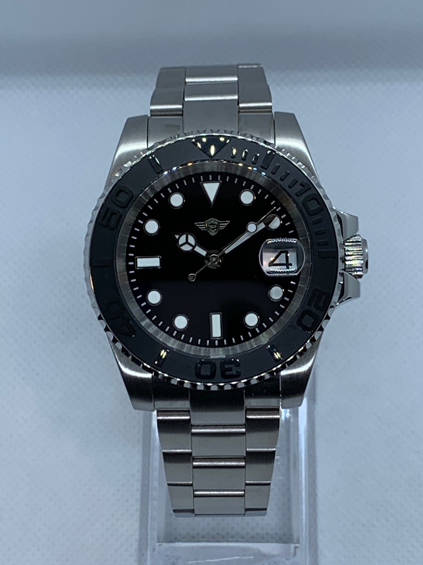 Men's 40MM Custom Watch, Yachtmaster Style, Black Dial, Sapphire Crystal, Oyster Bracelet