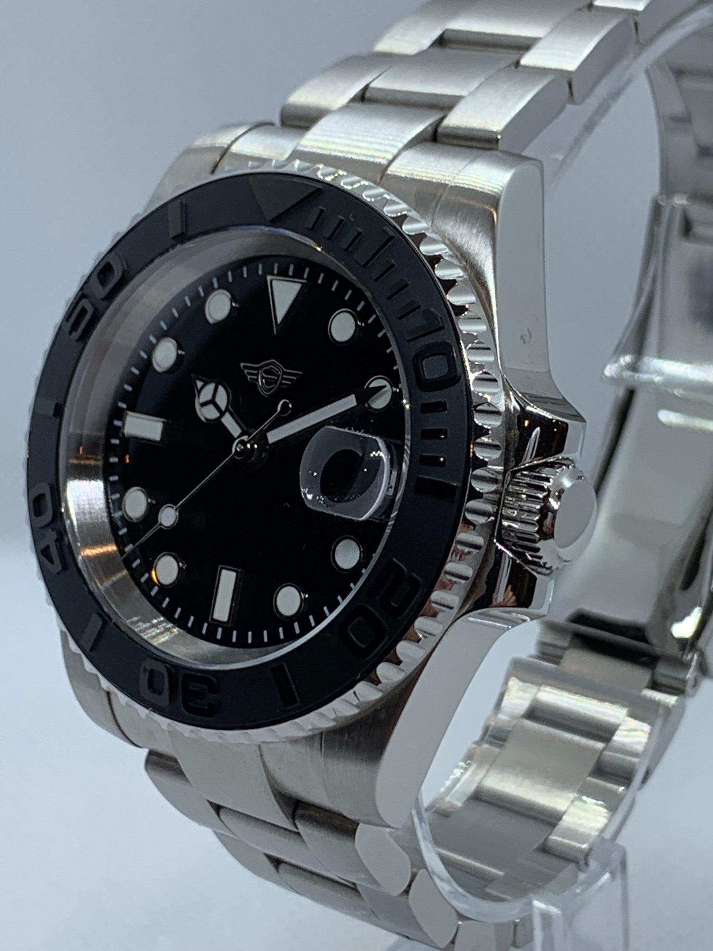 Men's 40MM Custom Watch, Yachtmaster Style, Black Dial, Sapphire Crystal, Oyster Bracelet