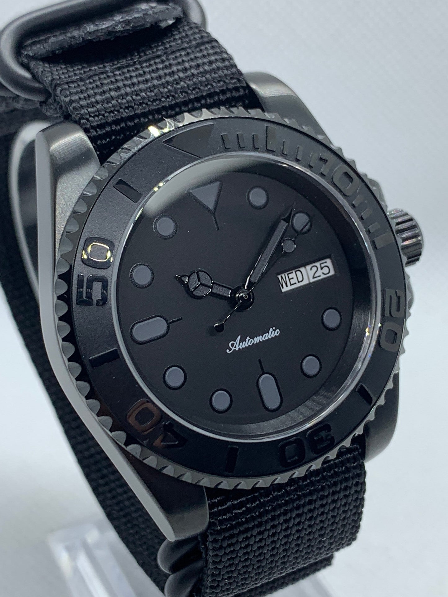 Men's 40MM Custom Stealth Mod Watch with Seiko NH36 automatic movement, Blacked-out Stainless Steel Case, Sapphire Crystal