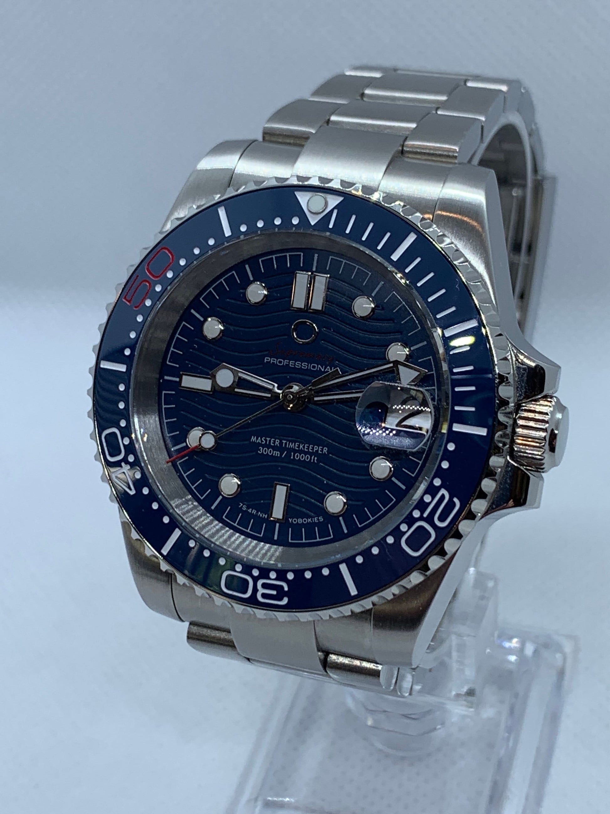 Men's 40MM Custom Submariner Style Watch with Blue Wave Dial, Seiko NH35 Automatic Movement, Sapphire Crystal