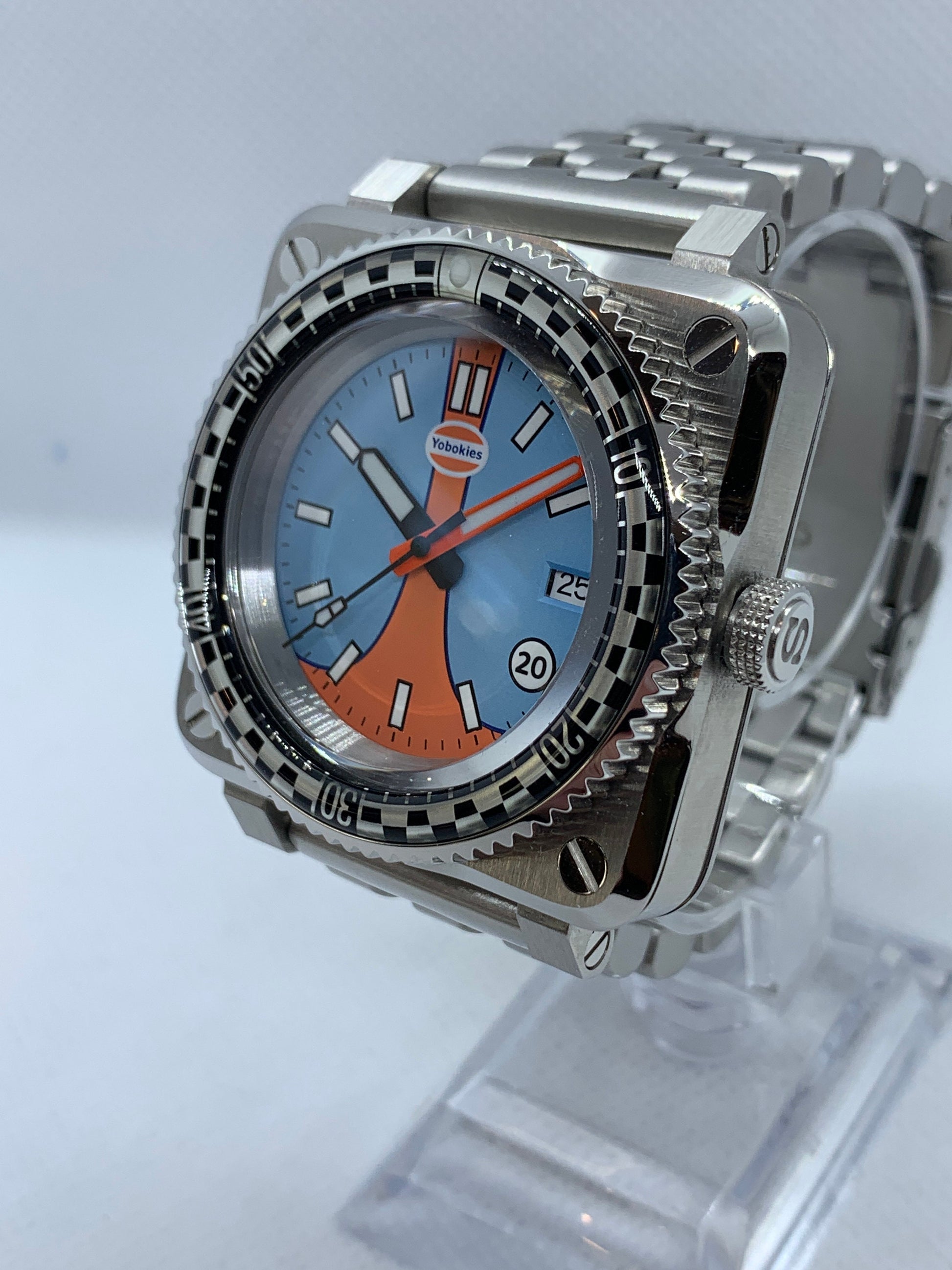 Men's 42MM Custom Square Case Watch with Gulf Racing Dial, and Seiko NH35 Automatic movement