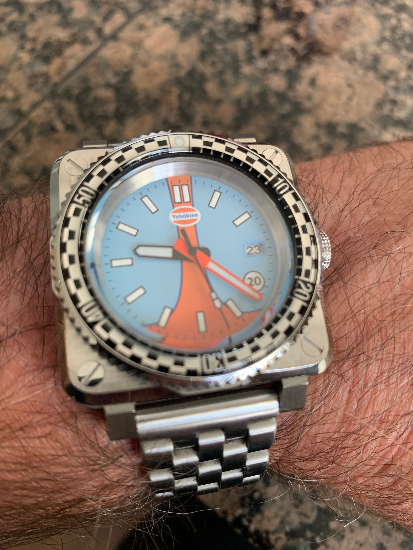 Men's 42MM Custom Square Case Watch with Gulf Racing Dial, and Seiko NH35 Automatic movement