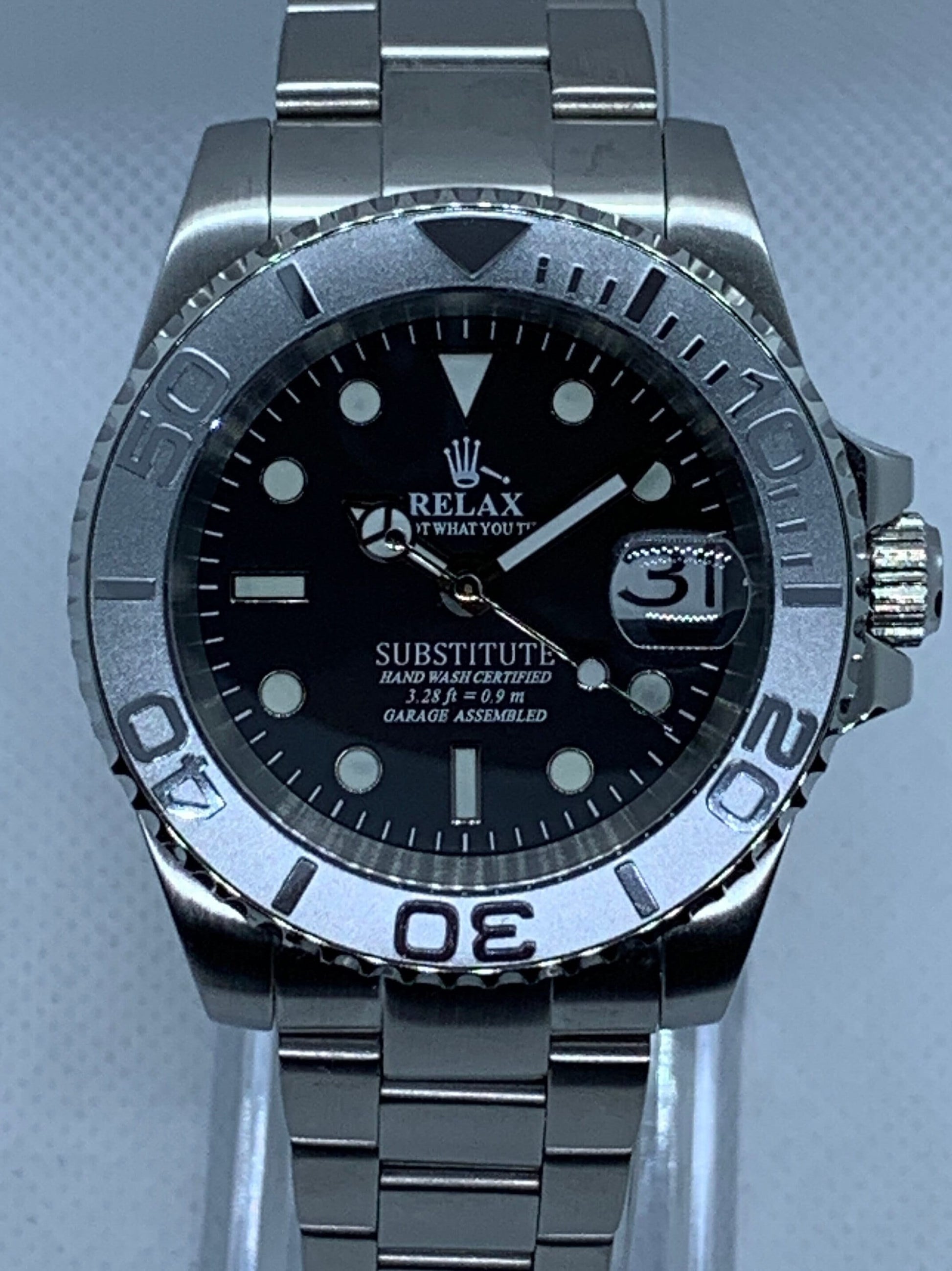 Mens 40MM Custom Watch, Yachtmaster Style, Seiko NH35A Automatic Movement, Black Relax Dial, Sapphire Crystal