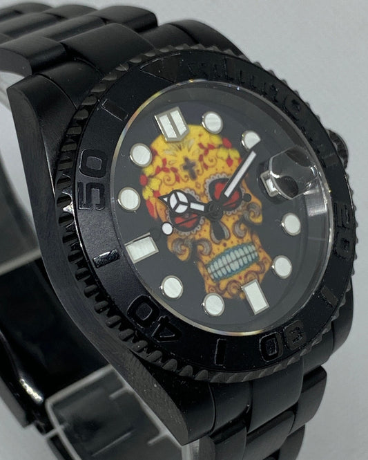 Men's 40MM Custom Watch with Sugar Skull Dial, Seiko NH35 Automatic Movement, Sapphire Crystal